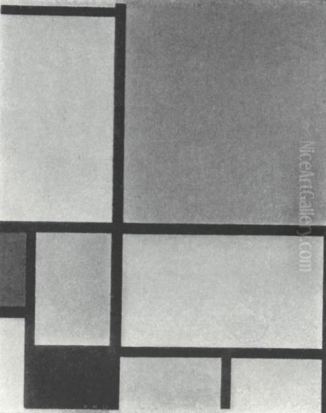 Composition with large red plane, blue, gray, black and yellow - view 1