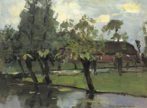 Farmstead with willows on the water by Piet Mondrian