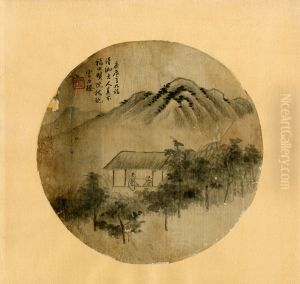 Album painting of two men in a cottage in a mountain landscape.