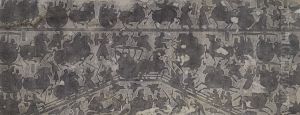 Rubbing of stone relief showing a battle on a bridge, from the Wu Family Shrines, Shandong province.