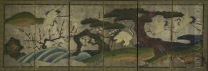Screen painting of five cranes (three flying), with a rushing stream on the left and the bank on the right.