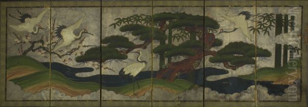 Screen painting of four cranes (three flying), with flowing water, bamboo, and cherry blossoms. - view 1