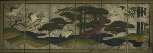 Screen painting of four cranes (three flying), with flowing water, bamboo, and cherry blossoms.