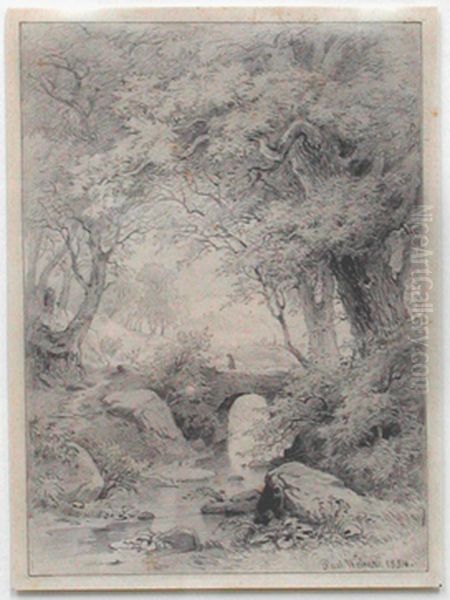 Untitled (Pastoral scene w/ figure crossing a bridge) - view 1