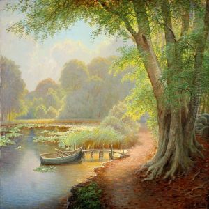 Forest Scenery With Lake And Rowing Boat At A Jetty
