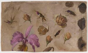 Study of Four Hummingbirds with Roses and an Orchid by Martin Johnson Heade