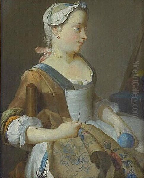 Jeune-fille brodant - view 1