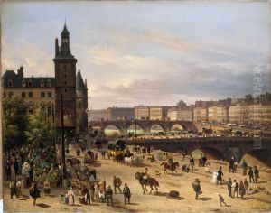 Le marche aux fleurs, la Tour de l'Horloge, le Pont au Change et le Pont-Neuf by Giuseppe Canella