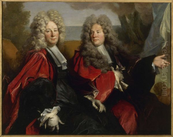 Portrait de deux echevins en fonction en 1702 : Hugues Desnotz, a droite, et un inconnu, suppose Boutet, a gauche (fragment) - view 1