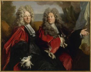 Portrait de deux echevins en fonction en 1702 : Hugues Desnotz, a droite, et un inconnu, suppose Boutet, a gauche (fragment)