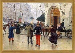 Le Boulevard des Capucines et le theatre du Vaudeville by Jean Beraud