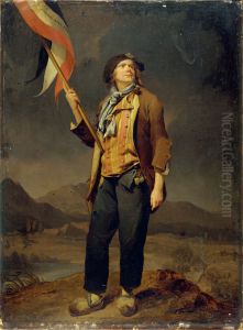 Portrait du chanteur Simon Chenard (1758-1832), en costume de sans-culotte, portant un drapeau a la fete de la liberte de la Savoie, le 14 octobre 1792