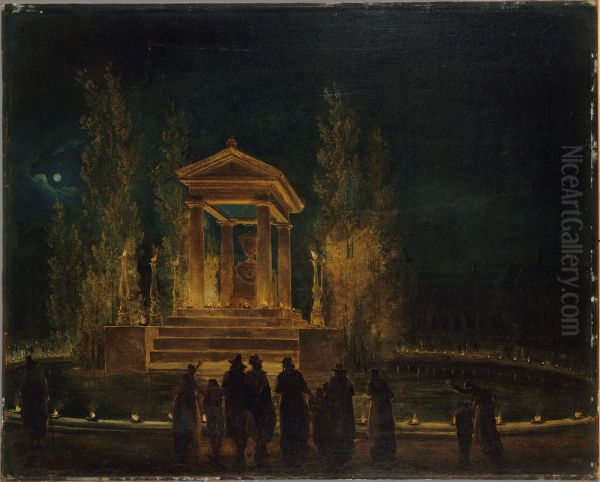 Le Mausolee provisoire de Jean-Jacques Rousseau, sur le bassin des Tuileries, avant la translation de ses cendres au Pantheon Nuit du 10 au 11 octobre 1794 - view 1