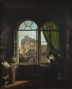 Interior with the artist at work and a view on the Eglise Saint-Eustache by Louise-Adeone Drolling
