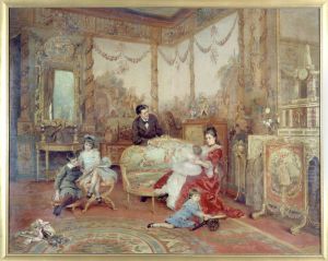 Portrait de Victorien Sardou (1831-1908), de sa femme et de ses enfants dans le grand salon de leur maison de Marly-le-Roi
