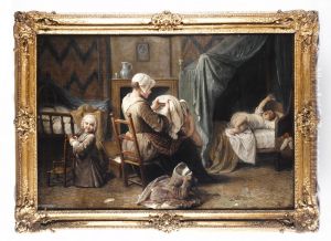 Une chambre ou une servante habille des enfants by Pierre Louis Ii Dumesnil