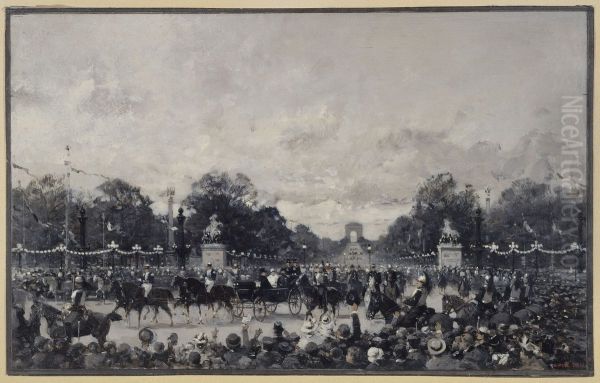 Visite des souverains russes a Paris ; le cortege officiel passant place de la Concorde, le 6 octobre 1896 - view 1