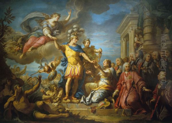Allegorie en l'honneur de la publication de la paix d'Aix-la-Chapelle, le 13 fevrier 1749 - view 1