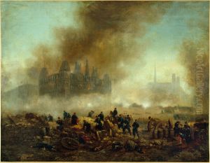 L'Hotel de Ville incendie, assailli par les troupes de Versailles