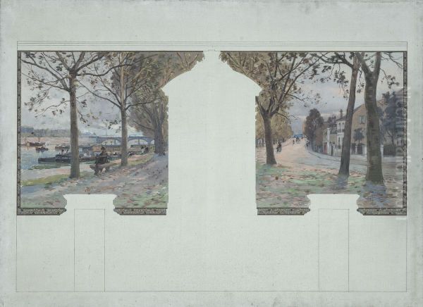 Esquisse pour la salle des fetes de la mairie d'Asnieres : Paysage. Quais de la Seine a Asnieres - view 1