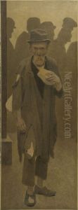 La Bouchee de pain : vieil homme en haillons, de face, tenant un morceau de pain by Fernand Pelez