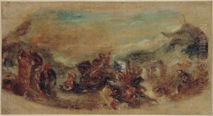 Esquisse pour la bibliotheque du palais Bourbon : Attila suivi de ses hordes barbares foule aux pieds l'Italie et les Arts by Eugene Delacroix