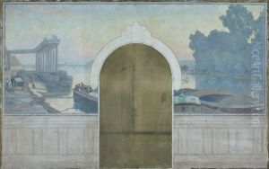 Esquisse pour la salle de mariages de la mairie d'Asnieres : Paysage. Peniches sur la Seine, avec le pont d'Asnieres by Henry Bouvet