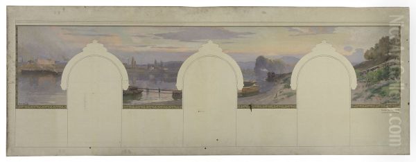 Esquisse pour la mairie d'Asnieres : Paysage de bord de Seine - view 1