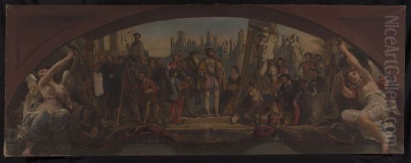 Esquisse pour le pavillon Denon au Louvre : Les quatre ages de la vie artistique en France - Presentation a Francois Ier des plans du chateau de Fontainebleau - view 1