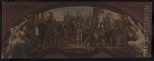 Esquisse pour le pavillon Denon au Louvre : Les quatre ages de la vie artistique en France - Presentation a Francois Ier des plans du chateau de Fontainebleau by Charles Louis Muller