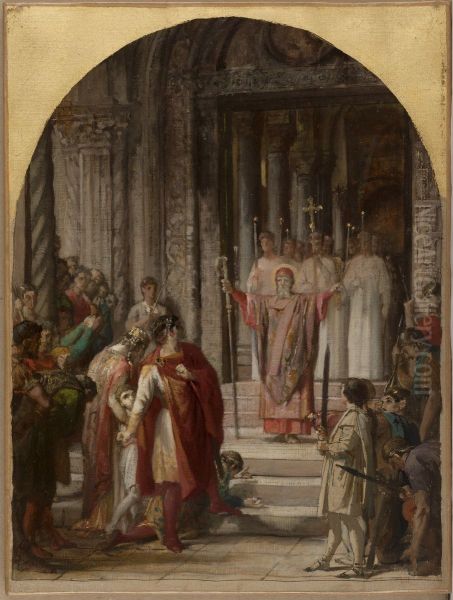 Esquisse pour l'eglise Saint-Ambroise: Saint Ambroise interdit l'entree du lieu saint a l'empereur Theodose, coupable du meurtre des habitants d'Antioche. - view 1
