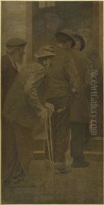 La Bouchee de pain : groupe d'hommes montant les marches by Fernand Pelez