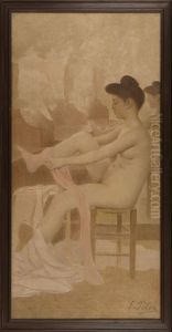 Danseuse dans sa loge enfilant un collant by Fernand Pelez