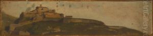 Paysage d'Italie, village fortifie sur la colline