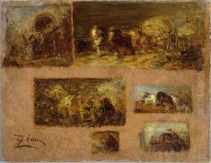 Panneau de six etudes de chariot (au recto) ; Paysage (au verso) Panneau de six etudes de chariot (au recto) ; Paysage (au verso)
