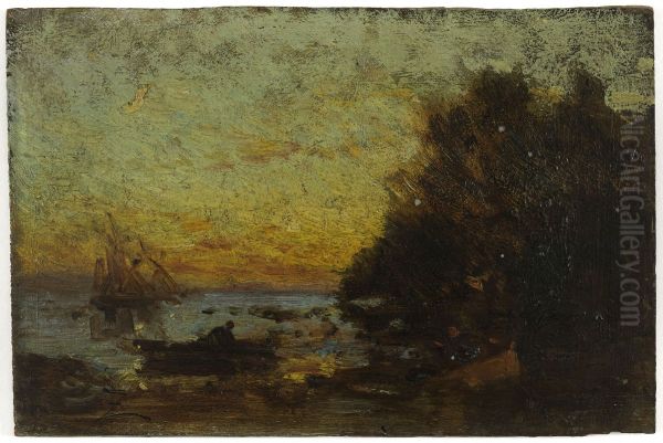 Barque et voiliers, couche de soleil. Au revers : Marine - view 1
