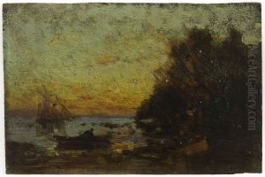 Barque et voiliers, couche de soleil. Au revers : Marine by Felix Ziem