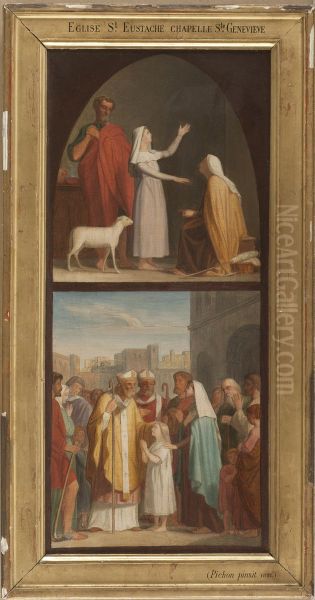 Esquisse pour l'eglise Saint-Eustache : Sainte Genevieve guerit sa mere aveugle. Saint Germain d'Auxerre et saint Loup predisent aux parents de Sainte Genevieve la destinee de leur fille. - view 1