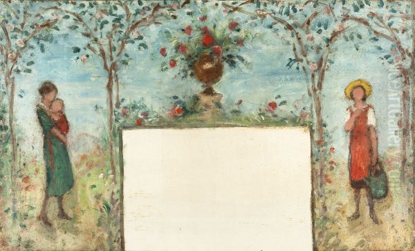 Femme et enfants dans un verger : Esquisse pour le preau de l'ecole des filles de l'avenue Simon-Bolivar, 19eme arrondissement de Paris - view 1