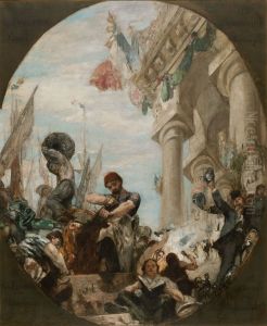 Esquisse pour la salle des mariages de la mairie du 19eme arrondissement : Les activites du 19eme arrondissement (Plafond) by Henri Gervex