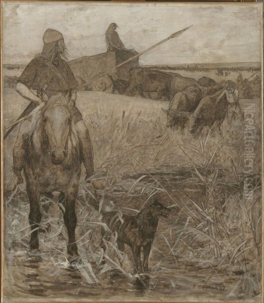 Gaulois a cheval, esquisse pour l'amphitheatre de paleontologie du Museum d'histoire naturelle de Paris - view 1