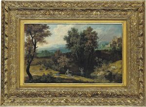 A Classical Wooded Landscape With Bathers, A City Beyond