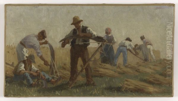 Histoire du ble : Moissonneurs aiguisant leurs faux. Esquisse pour la salle de dessin de l'ecole de la rue Dombasle, 15eme arrondissement de Paris - view 1
