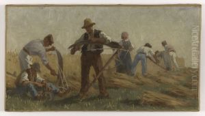 Histoire du ble : Moissonneurs aiguisant leurs faux. Esquisse pour la salle de dessin de l'ecole de la rue Dombasle, 15eme arrondissement de Paris by Paul Baudouin