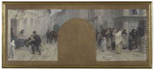 Esquisse pour l'Hotel de Ville de Paris, cabinet du prefet : Le transport des blesses a l'Ambulance. Les queues devant un magasin durant le siege de Paris en 1870 by Paul Baudouin