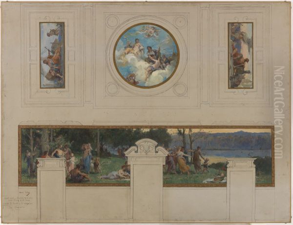 Esquisse pour la mairie de Pantin : Allegories du canal de l'Ourcq, du Travail et de la Navigation - Fete champetre (plafond et panneau mural) - view 1