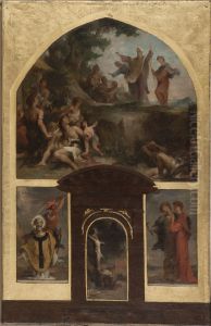 Esquisse pour l'eglise Saint-Merri : Predication de saint Denis et conversion des Gaulois. Decollation de saint Denis. Christ en croix. Saint Rustique et saint Eleuthere. Esquisse pour l'eglise Saint-Merri : Predication de saint Denis et conversion des Gaulois. Decollation de saint Denis. Christ en croix. Saint Rustique et saint Eleuthere.