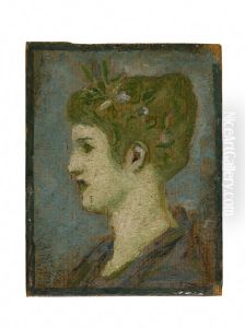 Tete de femme couronnee de feuillage, profil gauche