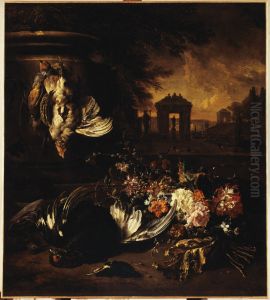Fleurs et gibier mort devant un paysage