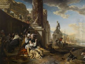 The Prodigal Son feasting with the courtesans in the midst of classical ruins, in the distance a Mediterranean harbor